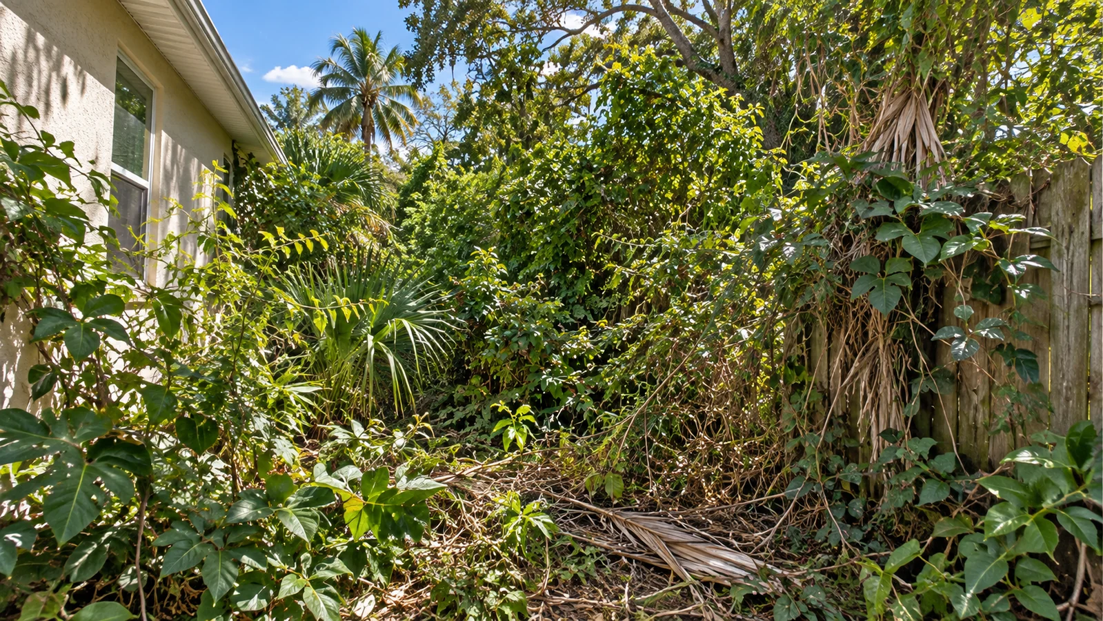 Overgrown side yard before brush removal