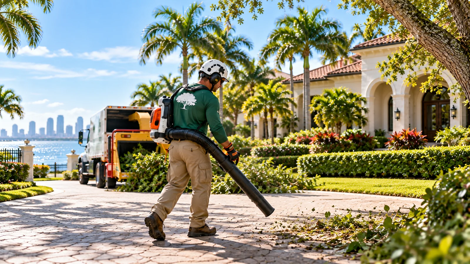 Sanfillipo crew member cleaning debris after tree work