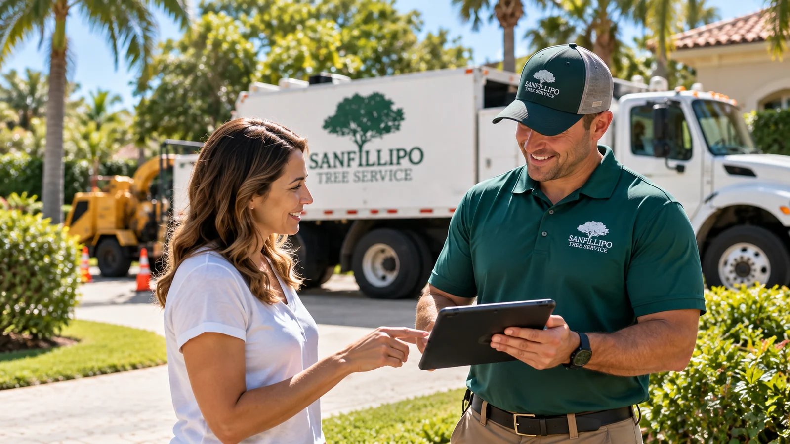 Tree service representative discussing a property with a homeowner