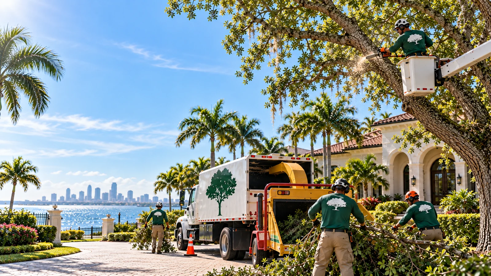Sanfillipo Tree Service crew trimming a mature tree at a Tampa Bay waterfront home