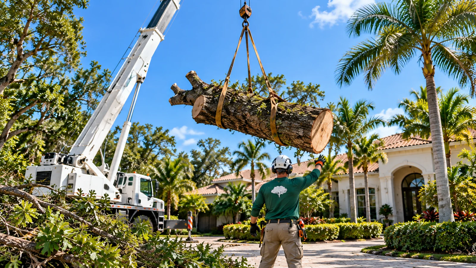 Controlled tree removal with crane