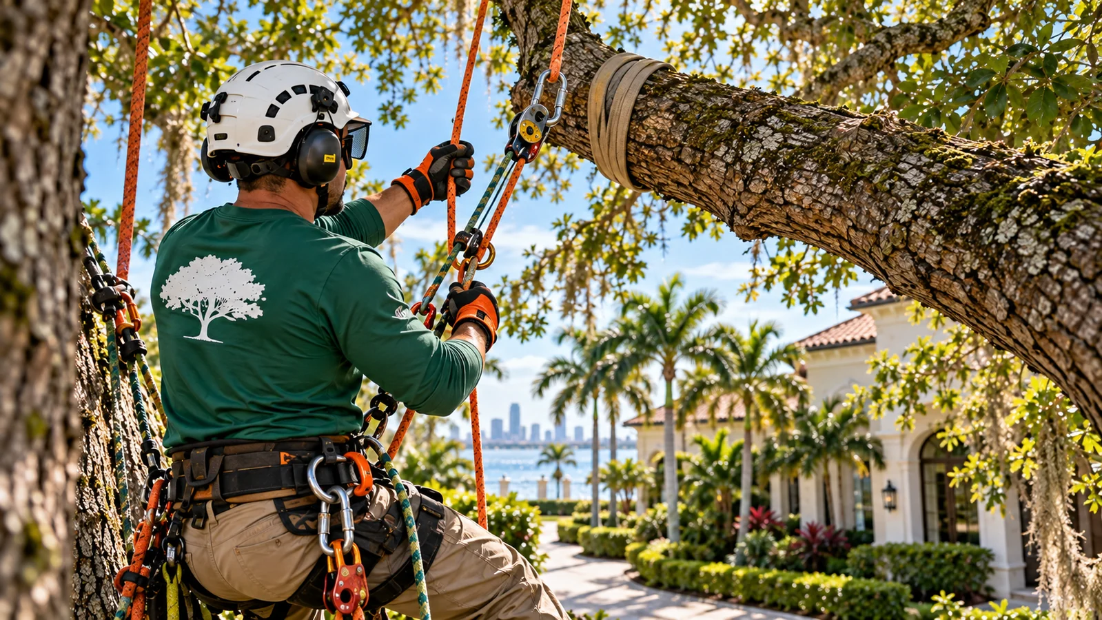 Professional arborist rigging a large tree limb